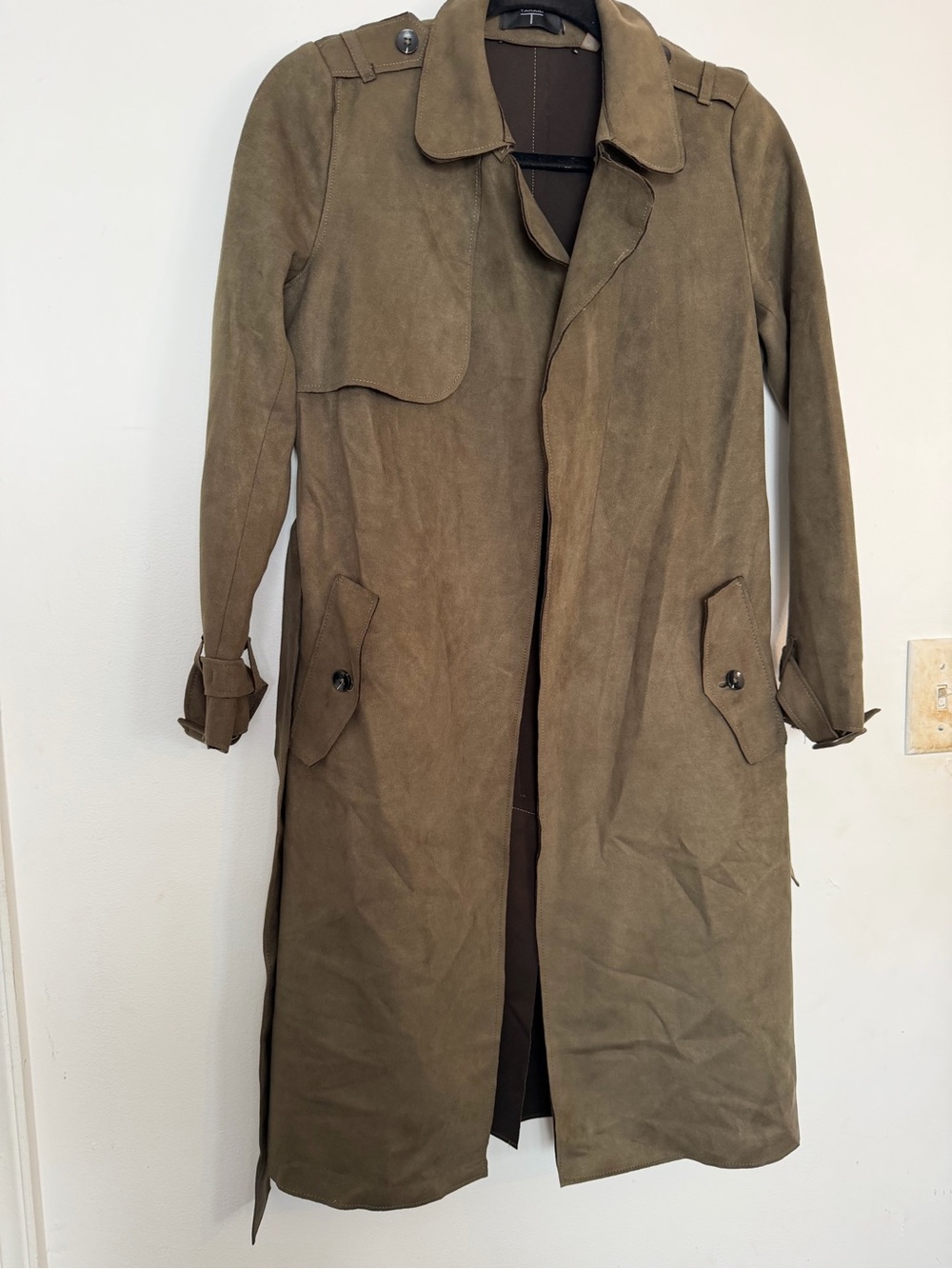Tahari Olive/Tan Suede-Style Trench Coat